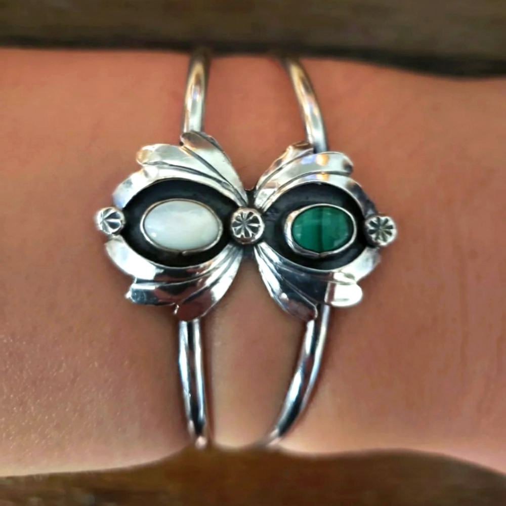 Vintage SS Malachite/MOP Cuff Bracelet